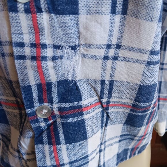 XS Vintage 70's Blue Top Plaid Buttery Flannel Button-Up Shirt Distress Repairs - Picture 4 of 9